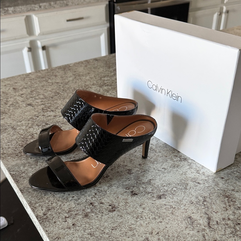 Calvin Klein Glossy Black Heeled Mules